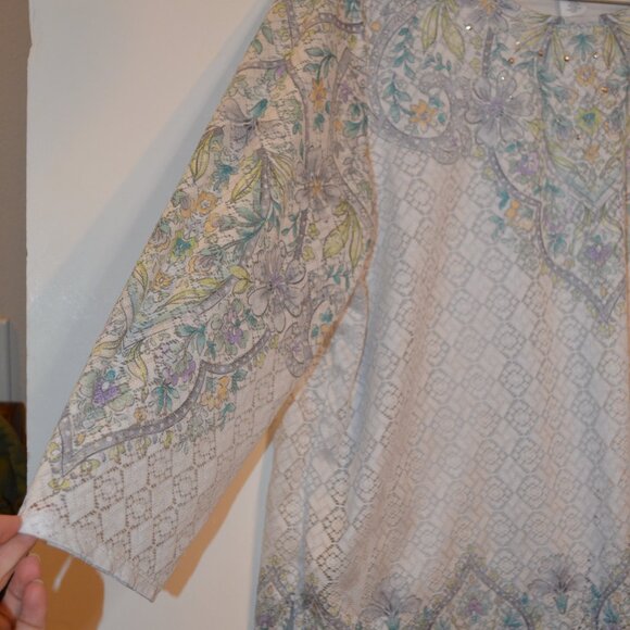 ALFRED DUNNER Polyester woven Light White Green Floral Prints Lining Blouse XL - Picture 3 of 9